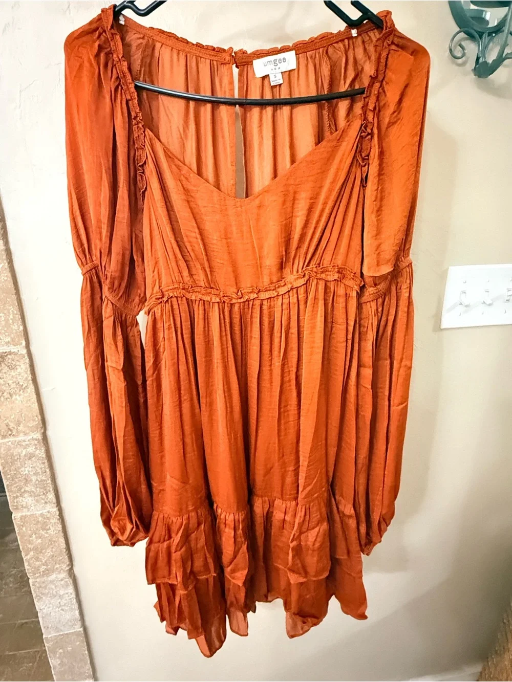 Umgee Rust Orange Long Sleeve Tiered Ruffle Mini Dress